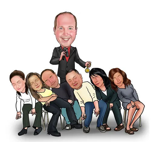 Ian Stewart caricature with hypnotized volunteers